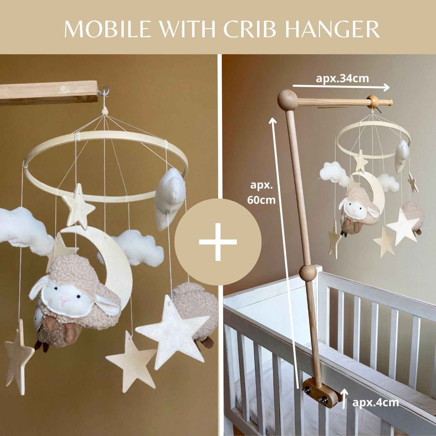 Sheep and Moon Baby Mobile with Stars and Clouds – Felt & Wood Nursery Decor